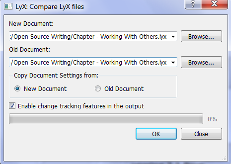 Comparing two versions of the same file using LyX Comparing two different versions of the same file using LyX